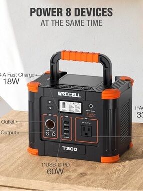 GRECELL T300 Portable Power Station in Black & Orange
